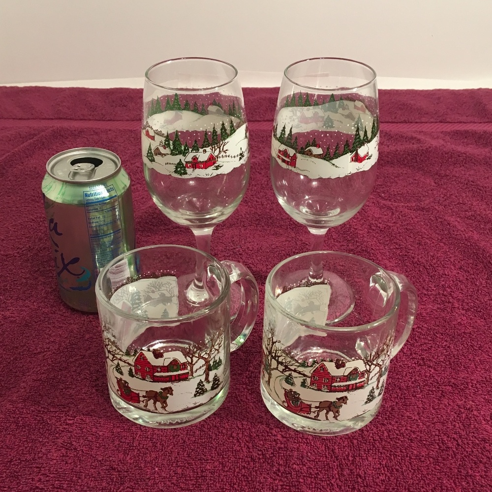 Two White Christmas Mugs and Stemmed Glasses